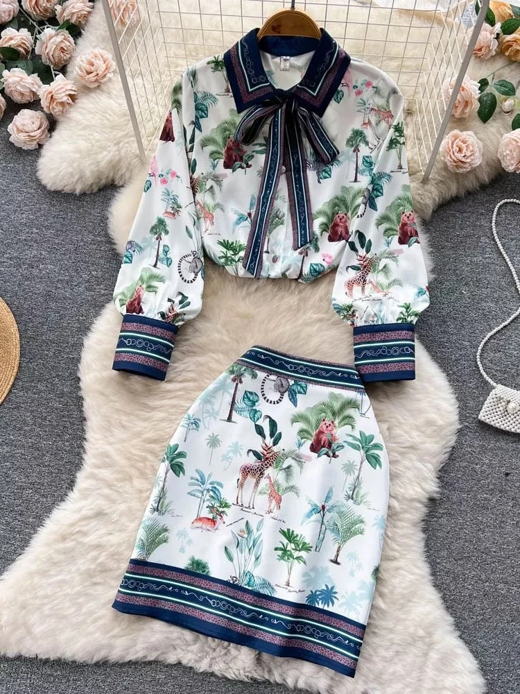 Women Long Sleeve Blouse Bow Collar Shirt Top + Mini Skirt Suit 2023 Fashion Spring Summer Animal Tree Print Two Piece Set
Women Long Sleeve Blouse Bow Collar Shirt Top + Mini Skirt Suit 2023 Fashion Spring Summer Animal Tree Print Two Piece Set