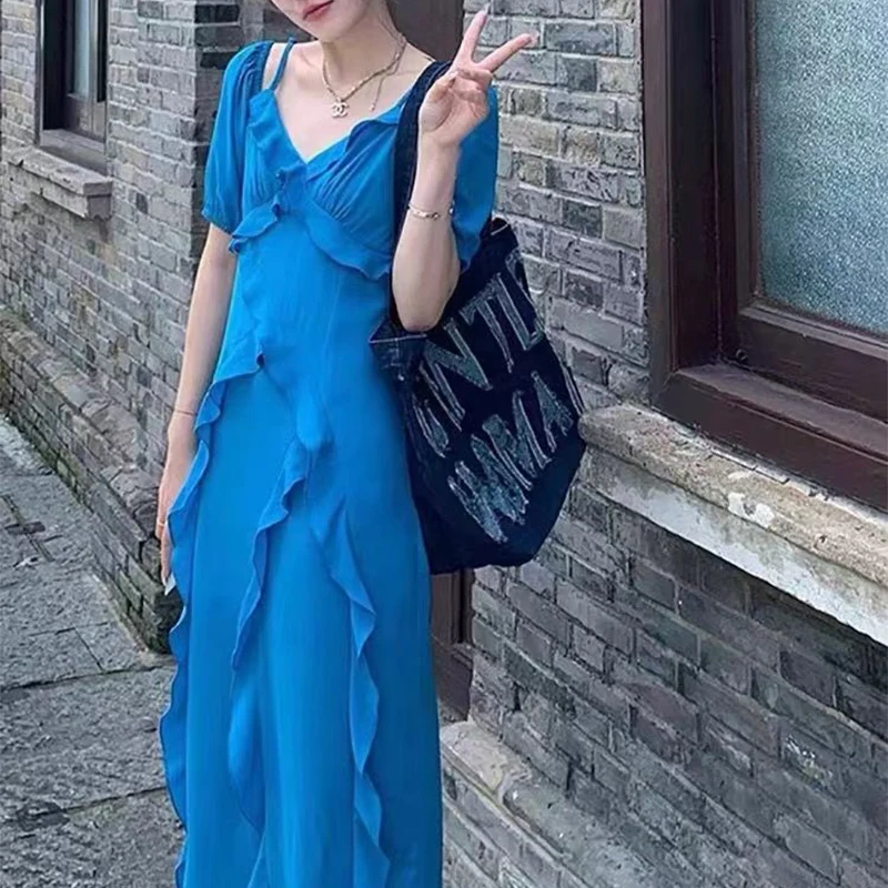 Summer Rompers Floral Women Ankle-length Dresses Hollow Out Fashion Split Fork Ruffles French Elegant Skirt Clothing Blue Black
Summer Rompers Floral Women Ankle-length Dresses Hollow Out Fashion Split Fork Ruffles French Elegant Skirt Clothing Blue Black