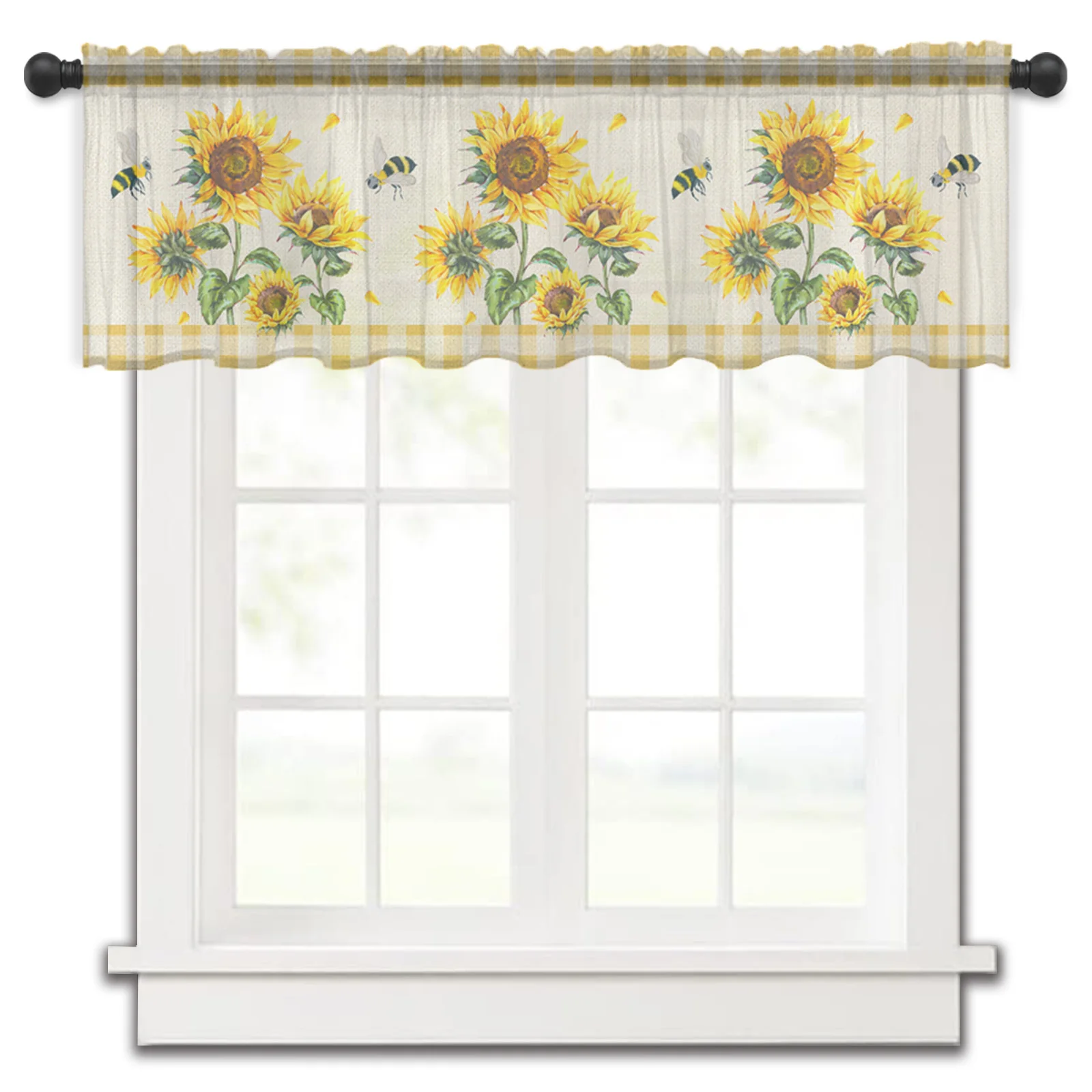 

Farm Sunflower Bee Retro Plaid Small Window Curtain Tulle Sheer Short Curtain Bedroom Living Room Home Decor Voile Drapes