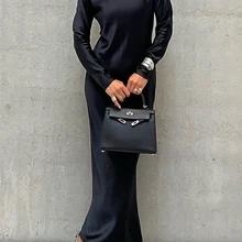 Clacive Casual Black Satin WomenS Dresses 2023 Elegant O-Neck Long Sleeve Ankle-Length Dress Fashion Simple Silky Female Dress