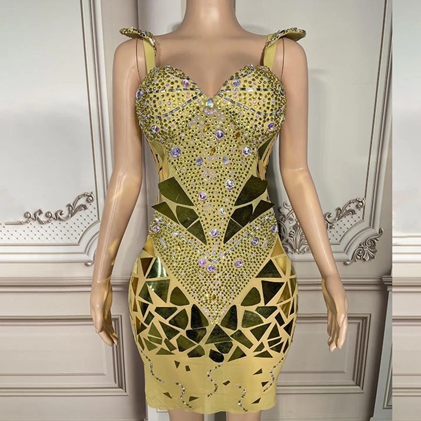 

Golden Sliver Color Sequined Diamonds Sexy Sheath Mini Dress Evening Party Performance Costume Nightclub Singer Dancer Stage