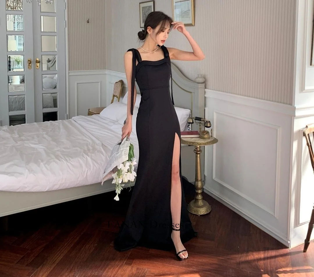 

FANAN Floor Length High Slit Evening Party Dresses Korea Satin Square Collar Mermaid Wedding Women Formal Gowns Event Prom Gowns