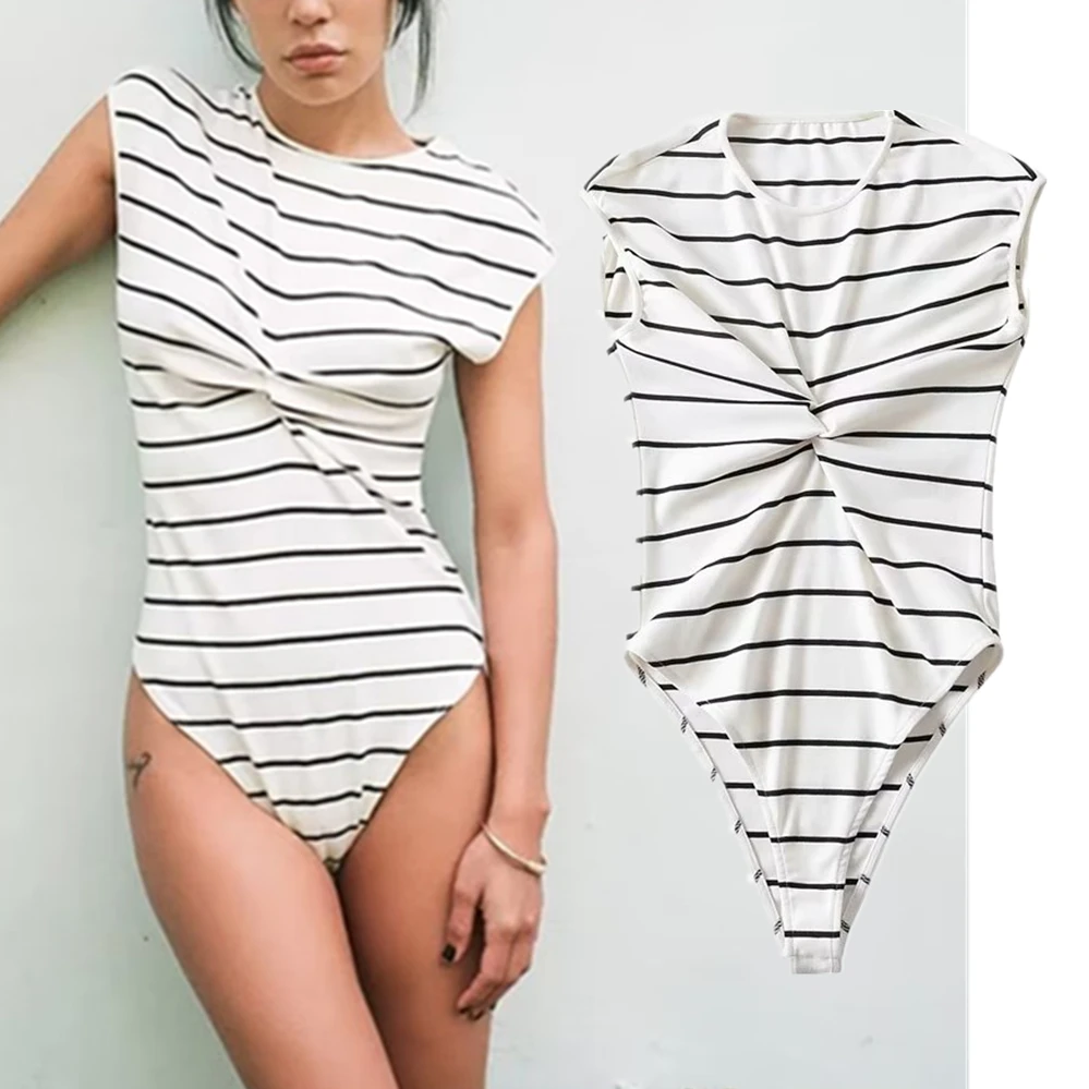 

Dave&Di French Country Vintage Stripe Jumpsuit Girls Sexy Fashion Slim Bodysuits Women Basic Tops