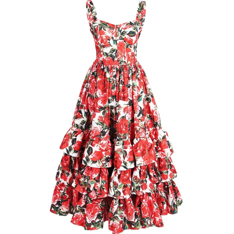 

2023 Fashion Designer Runway Ball Gown Summer Women Spaghetti Strap Backless Floral Print Cascading Ruffle Beach Dress
