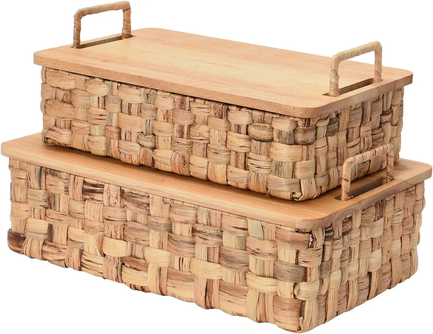 

New Natural Stackable Hyacinth Baskets with Oak Lids, Set of 2 Free Shipping