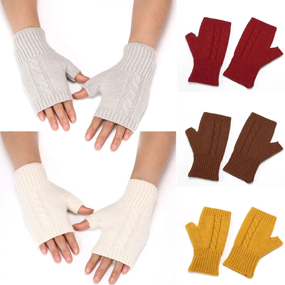 

Женские вязаные перчатки, зимние теплые перчатки без пальцев, теплые рукавицы для рук и запястья, варежки, перчатки для катания на лыжах, однотонные вязаные велосипедные перчатки