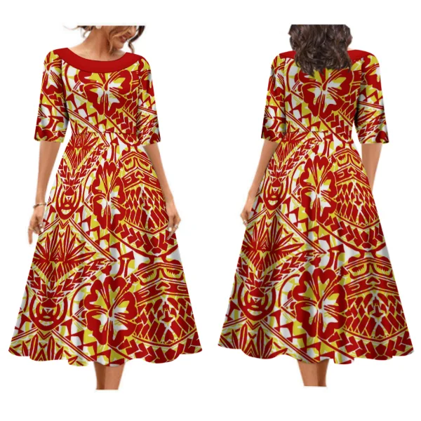 

Wholesale Price Pacific Island Art High Quality Sustainable O-Neck Long Dress Big People Large Size 8XL Dress For Party