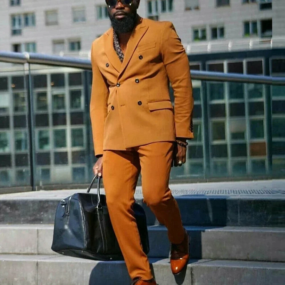 

Orange Peak Lapel Business Elegant Men Suit Smart Casual Double Breasted Slim Fit Blazers Hombre High Quality Custom 2 Piece Set