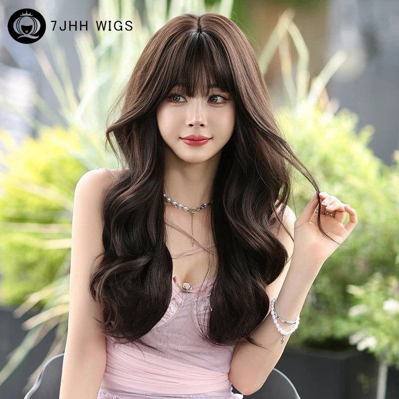 

7JHH WIGS High Density Synthetic Dark Brown Wig for Women Daily Use Long Body Wavy Black Tea Wigs with Bangs Beginner Friendly