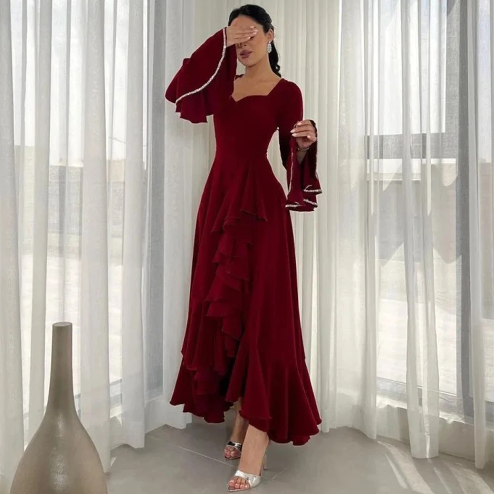 

Flechazo Square Collar Flare Sleeves Evening Dress A-Line Ankle Length with Ruffles Women Party Custom فساتين حفلة موسيقية