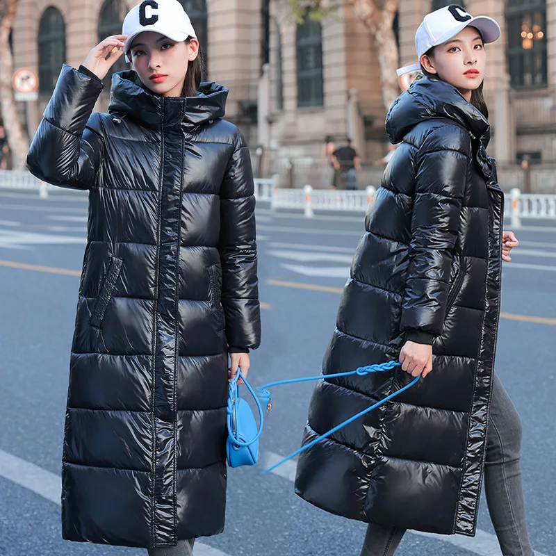 

Black Glossy Down Cotton Jacket Coat Womens 2023 New Winter Puffer Parkas Long Thicken Warm Cotton-padded Coat Hooded Overcoat