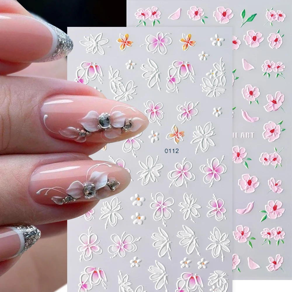 

5D Engraved Acrylic Flower Nail Art Sticker Embossed Flowers Butterfly Nail Decals Self Adhesive Cherry Blossom Manicure Sliders