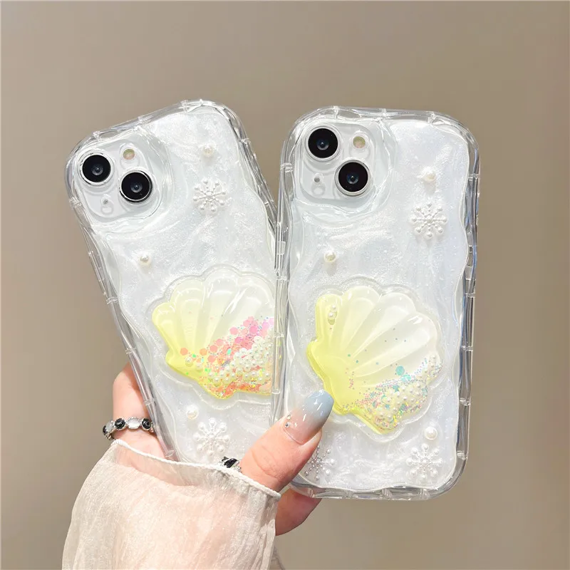 

3D Pearl Sea Shell Quicksand Phone Case for iPhone 15 15Pro Max 13 14 Pro 12 11 Glitter Dynamic Liquid Soft Silicone Back Cover