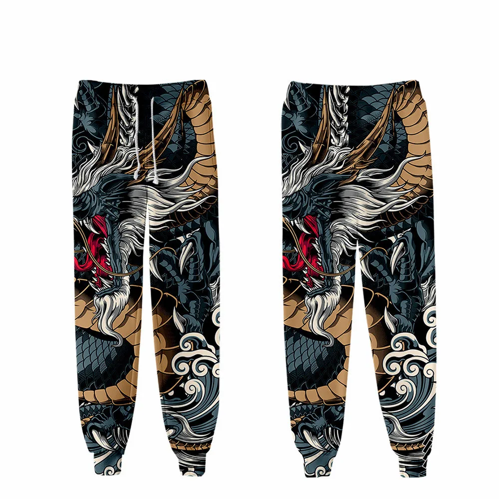 

Chinese Dragon Printed Black Men Japanese Harem Trousers Casual Elastic Waist Jogger Sweatpants Fashion Pants Streetwear