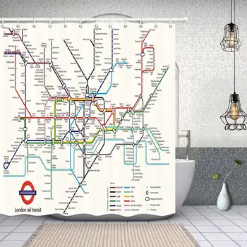 지도 장식 도시 지하철 런던 레일 트랜짓 폴리에스터 패브릭 방수 지도 목욕 커튼 샤워 커튼 세트, 12 후크