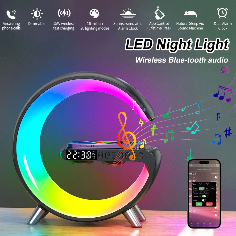 Smart LED Night Light With Wireless Charger Bluetooth-compatible Speaker Alarm Clock APP Control Dimmable Bedside Light Decor
Smart LED Night Light With Wireless Charger Bluetooth-compatible Speaker Alarm Clock APP Control Dimmable Bedside Light Decor