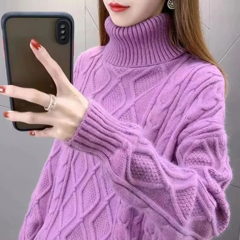 

Women's Turtleneck Sweater Fall Winter New Loose Warm Knit Pullover Tops Candy Colors Knitwear Jumper Korean Soft Casual Poleras