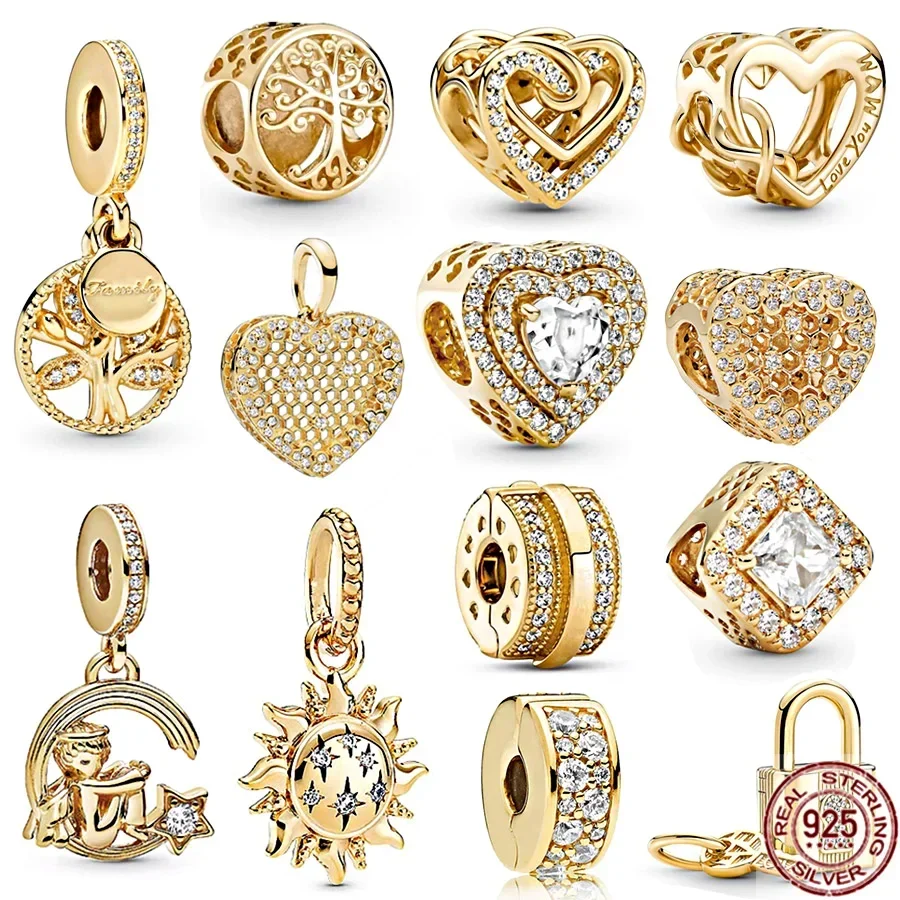 

Gold Plated Sparkling Leveled Hearts Square Halo Family Tree Dangle Charm Jewelry Beads Fit Original Silver 925 Bracelet
