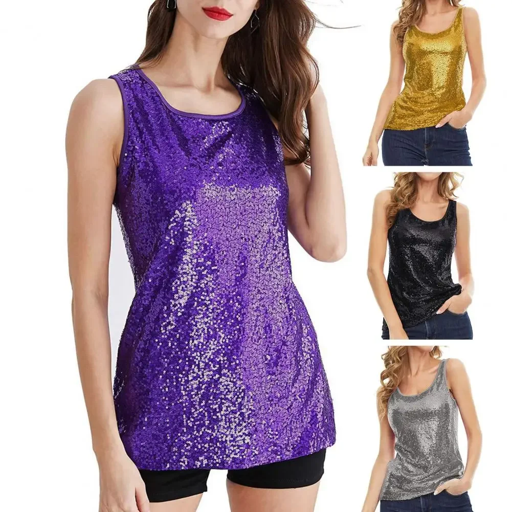 

2024 Sexy Women Ladies Sequined Bling Shiny Tank Tops Sleeveless T Shirts Camis Blouse Vest Bottom Sling Top Multicolor