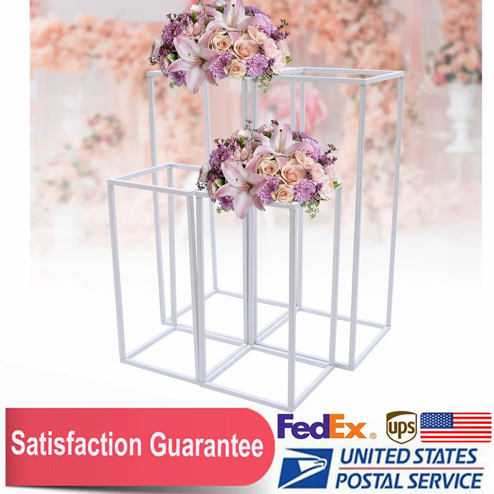 

Set of 4 White Rectangle Metal Floor Stand Column Flower Vase for Lawn Wedding Centerpiece Stand Display Rack Aisle Decoration