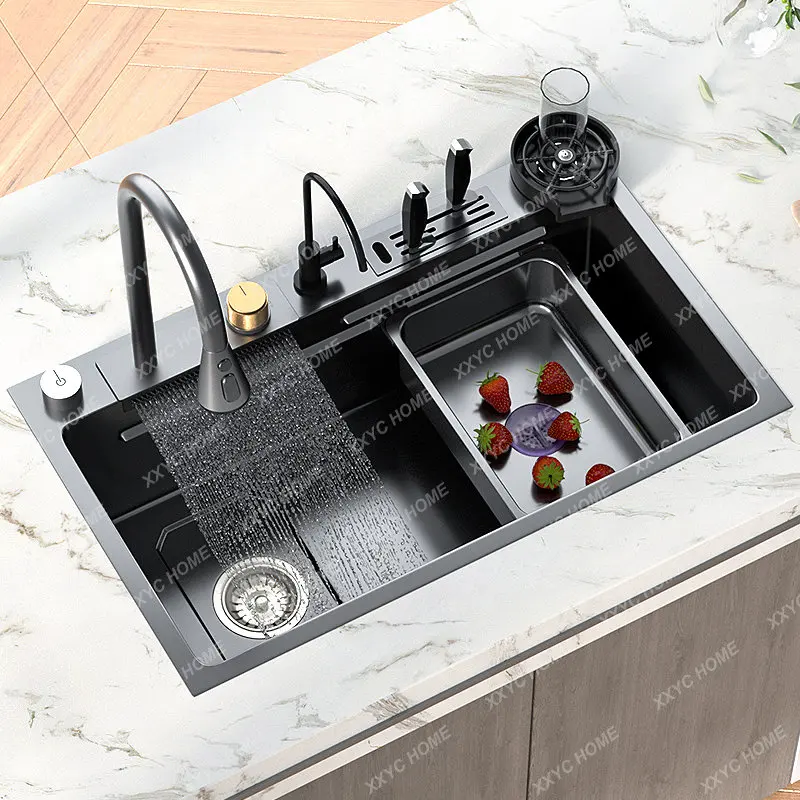 

With Waterfall Faucet Stainless Steel Blcak Large Single Slot Multifuctional Smart Basin Left Drain Above Counter