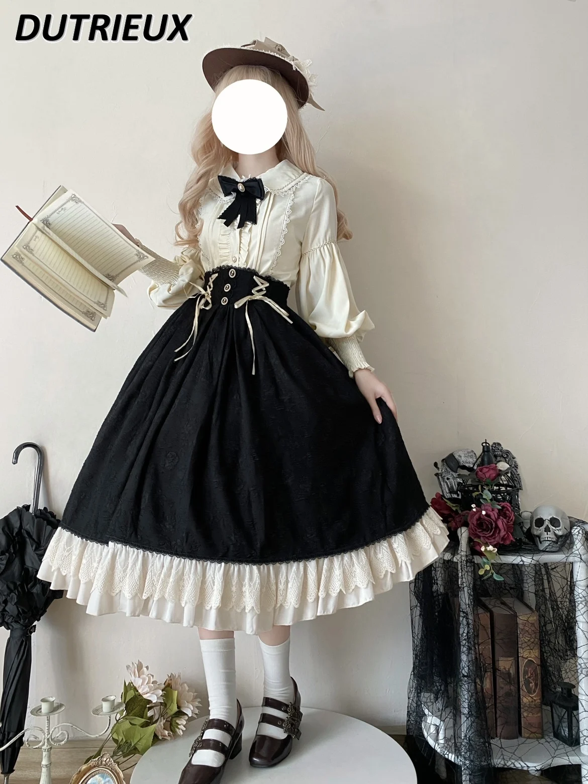 

Original Japanese Style Sweet Midi Kawaii Skirt Elegant Retro High Waist Lace-up Lolita SK Long Patchwork Skirts for Women