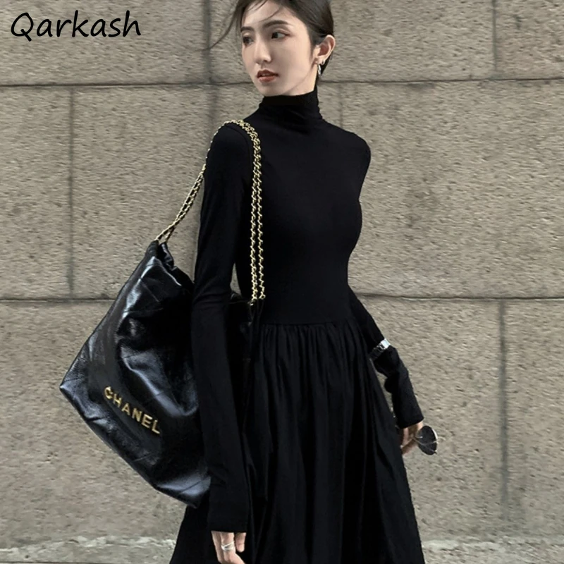 

Mock Neck Dress Women New Korean-style Ankle Length Fit and Flare Solid Simple Office Ladies Long Sleeve Trendy Leisure Elegant