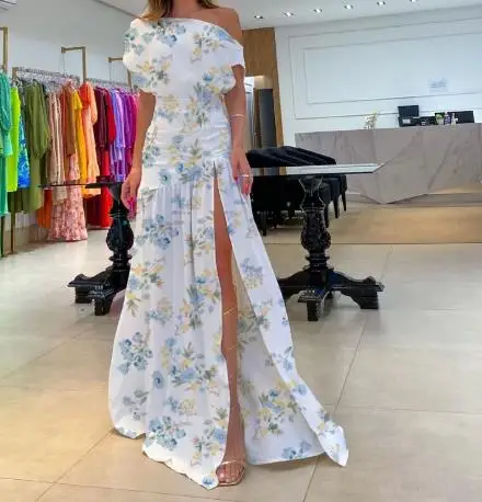 

Women's Elegant Dresses 2023 Summer Fashionable One line collar slit floor mop Raglan sleeves Waistband skirt Female Long Dress