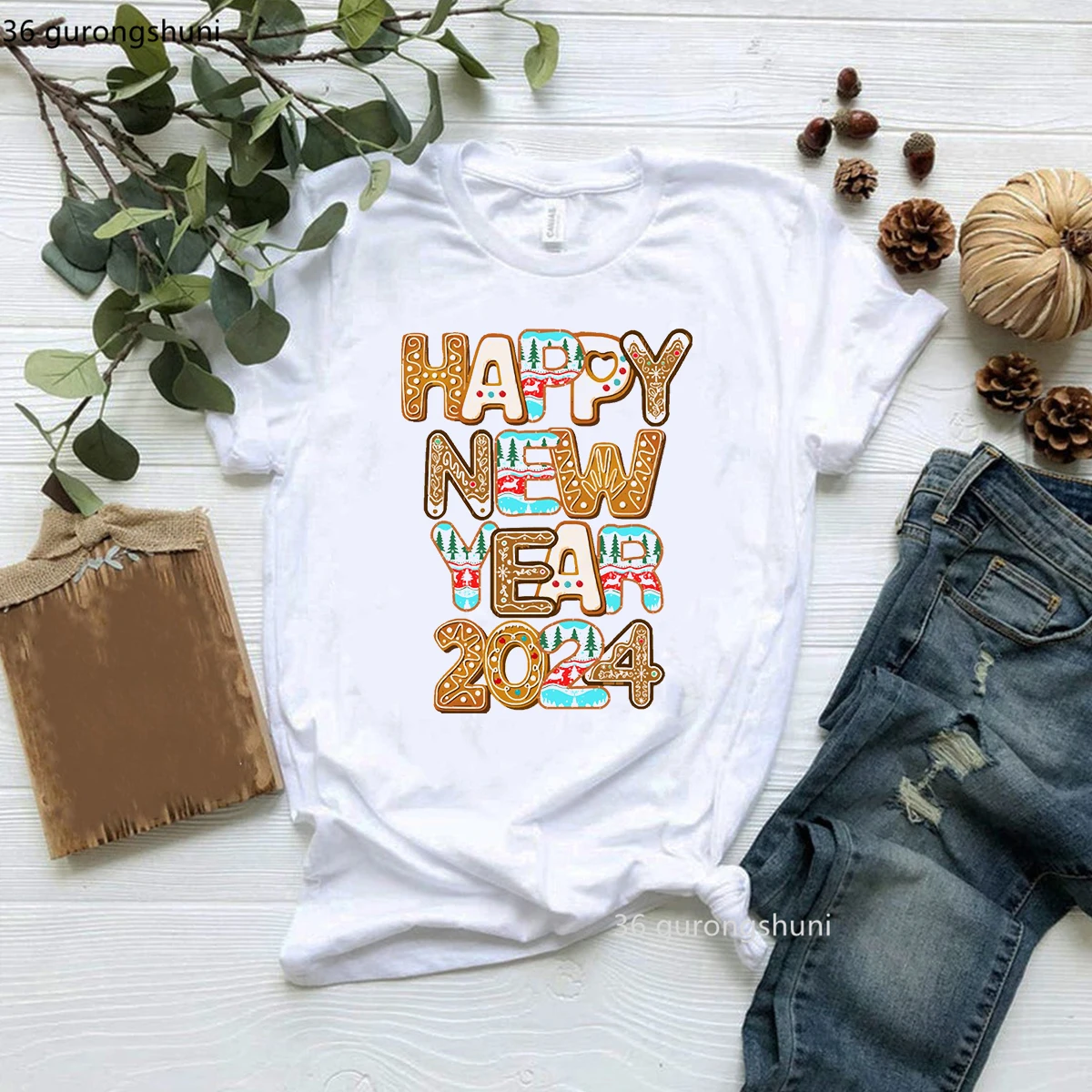 

Crystal Number Hello 2024 T Shirt Happy New Year T-Shirt Women Clothes Female Clothing Family Party Short Sleeve T-Shirts Tops