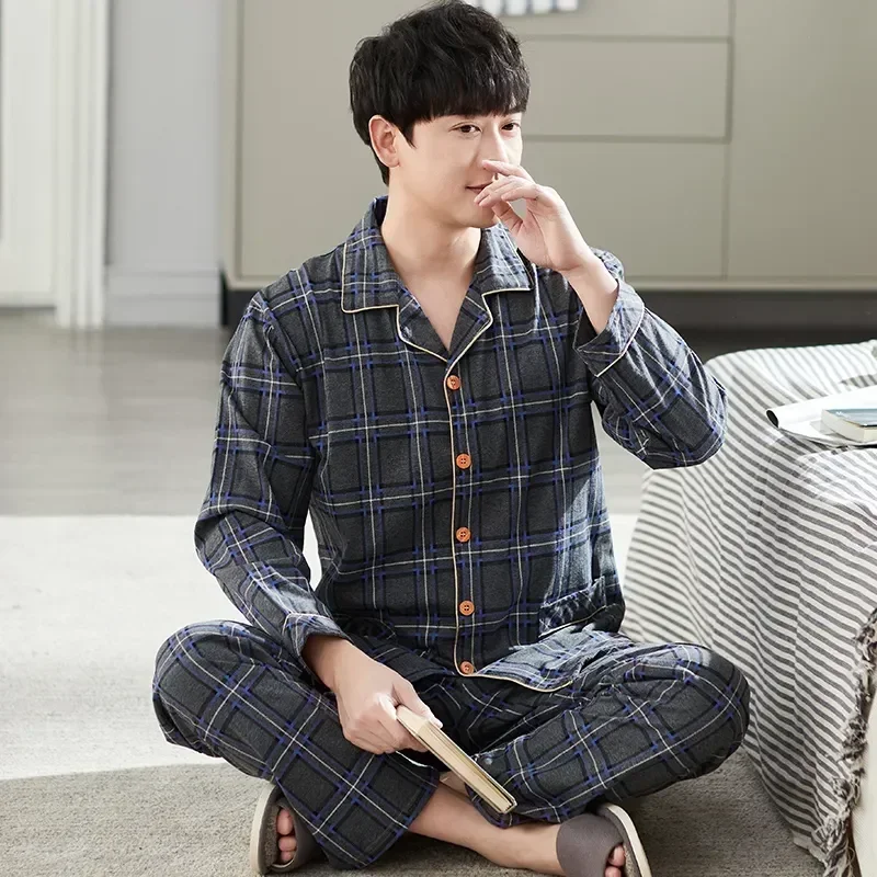 

Full Piece Print Sleepwear Pijama Spring Set Men Pyjama Suit Pajama Collar Male Long Nightwear Sleeve Two Autumn Cotton