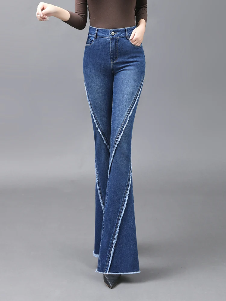 

Vintage Women Stretch Jeans Black Blue S-XXL High Waist Designer Ripped Flare Pants Fashion Slim-Fit Skinny Elegant Denim Pants