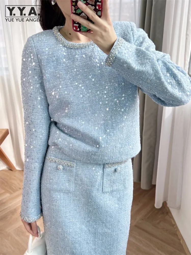 Женский блестящий комплект из двух предметов, топ с круглым вырезом и длинная юбка со стразами, облегающие элегантные твидовые комплекты с блестками, Новинка
Женский блестящий комплект из двух предметов, топ с круглым вырезом и длинная юбка со стразами, облегающие элегантные твидовые комплекты с блестками, Новинка