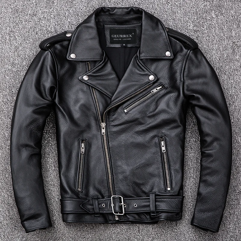 

Spring Classical Motorcycle oblique zipper s Men Leather Natural Calf Skin Thick Slim Cowhide Moto Jacket man