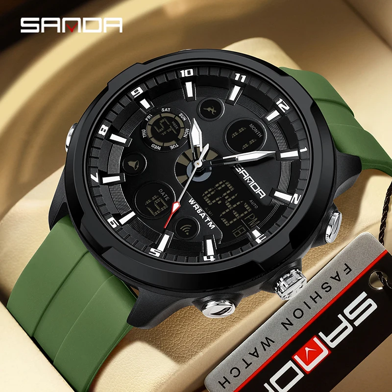 

Часы наручные SANDA Мужские кварцевые, брендовые Многофункциональные цифровые водонепроницаемые, в стиле милитари, с двойным дисплеем, с таймером и будильником, 50 м