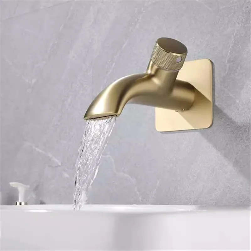 

Brass Basin Faucet Hot & Cold Bathroom Sink Tap Waterfall Type Wall Mount With Embedded Box Rotary Button Brush Gold New Arrival