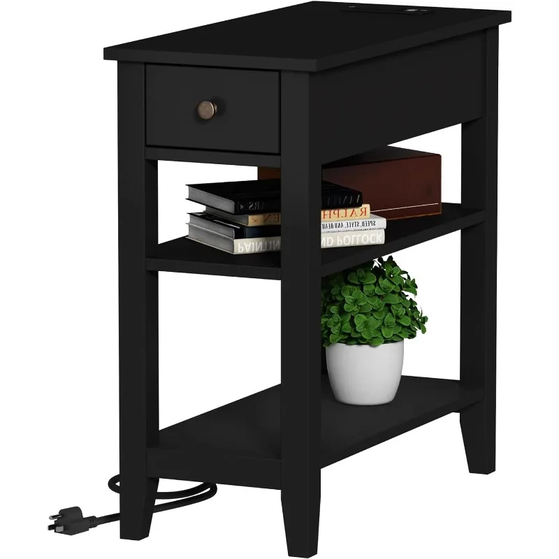 

Narrow End Table with Charging Station, Side Table Living Room with USB Ports & Power Outlets and Hidden Drawer