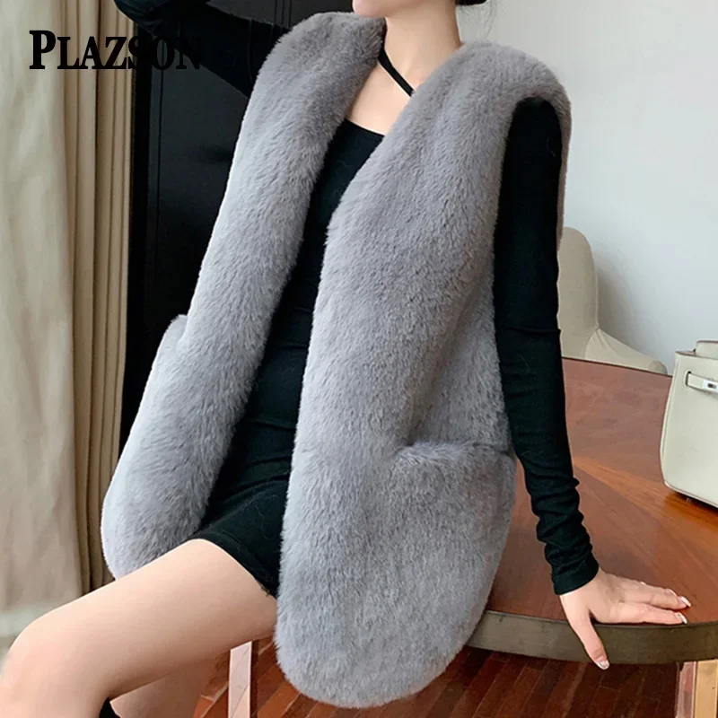 

PLAZSON High quality Fashion furs Coats Women's Fur Vest Coat with Pocket Luxury Faux Fox Warm Women Coat Vests Winter Overcoat