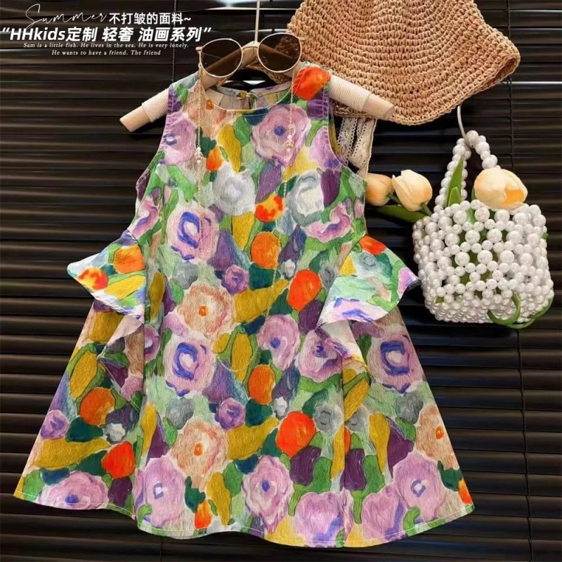 

New Girls Jardin Monet Oil Painting Style Design Floral Princess Vest Skirt2024Summer Clothing-WSNY