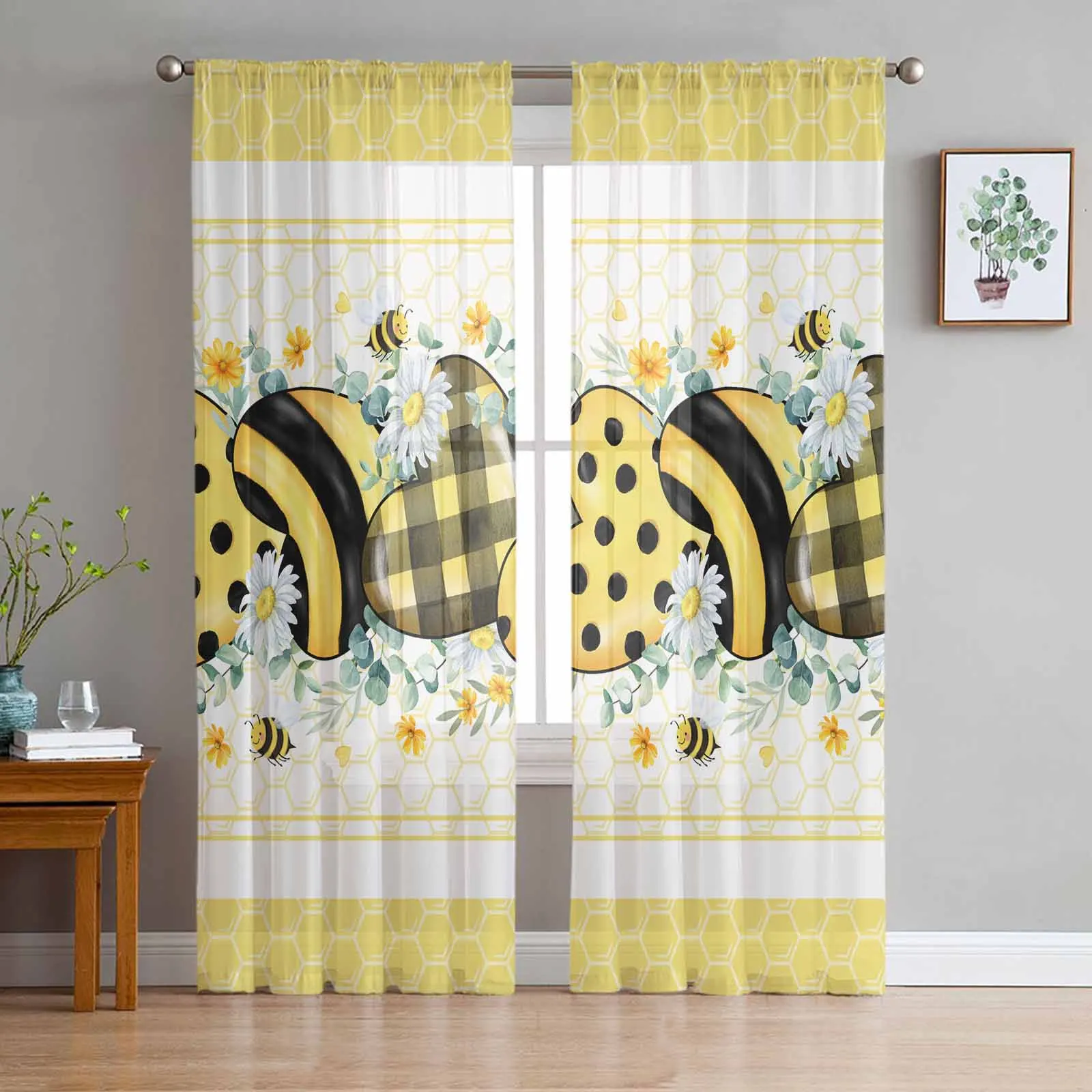 

Bee Nest Eucalyptus Leaves Daisy Flower Yellow Voile Sheer Curtains Living Room Window Tulle Curtain Bedroom Drapes Home Decor