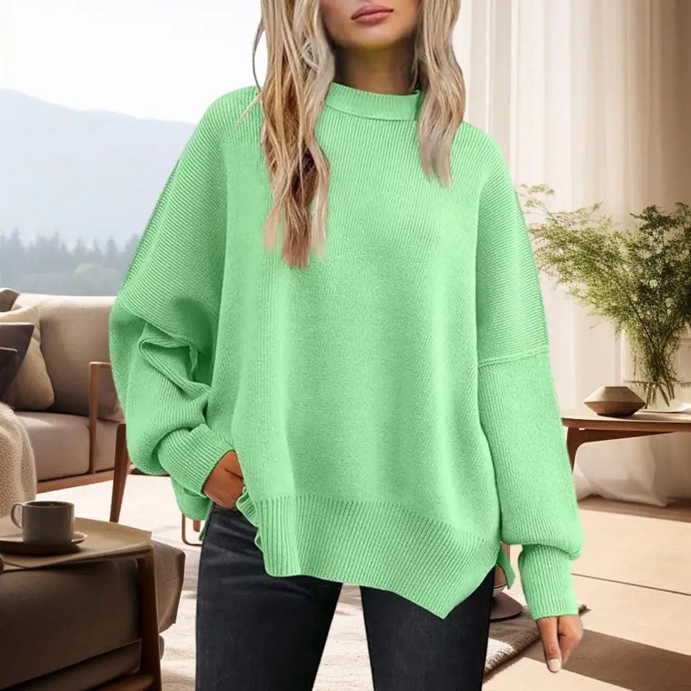 

Women Fall Winter Sweater Crewneck Solid Color Split Hem Thick Warm Soft Elastic Loose Pullover Long Batwing Sleeve Lady Cozy Sw
