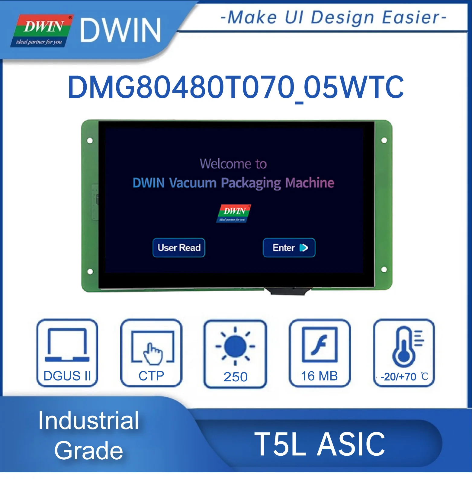 

DWIN 7.0 Inch TFT LCD Display 800*480 262K Color HMI Smart Screen RS232/TTL Resistive/Capacitive Touch Panel DMG80480T070_05W