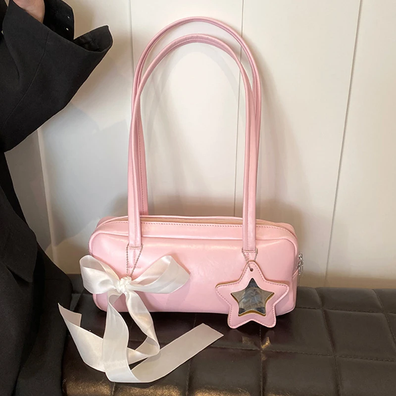 

Korean Ins Casual Handbag Women High End Shoulder Bag New Versatile Top Handle Baguette Bag Ladies Plus Star Bow knot Accessory