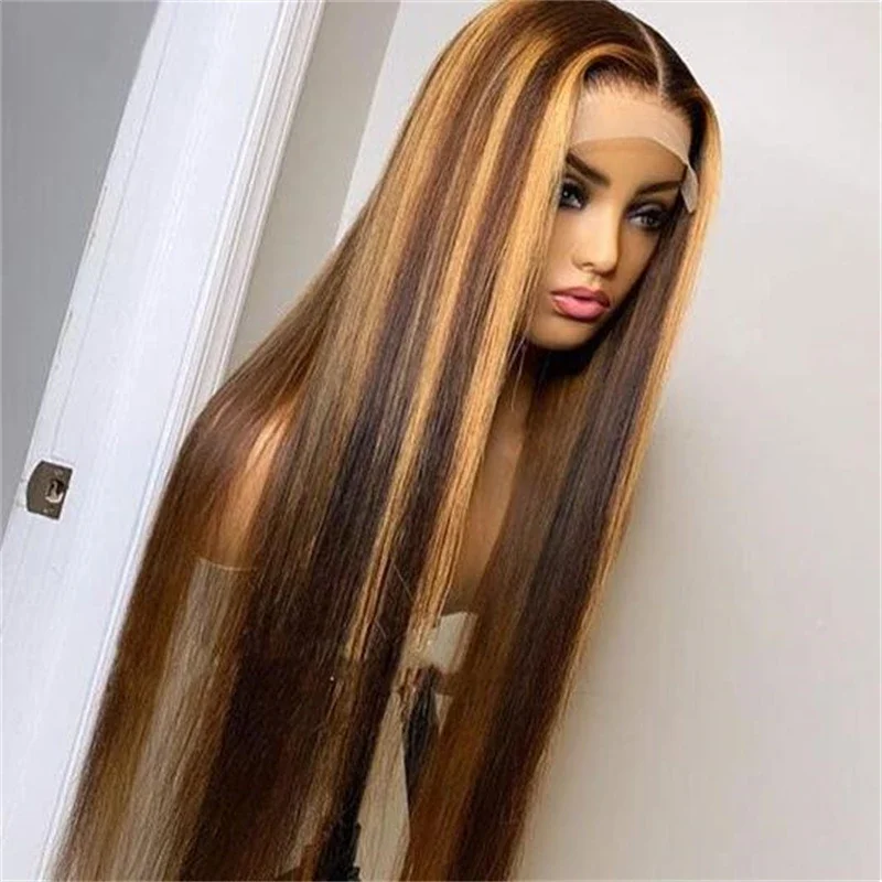 

Soft Glueless Highlight Blonde Long 26Inch 180Density Straight Lace Front Wig For Women With Baby Hair Synthetic Preplucked