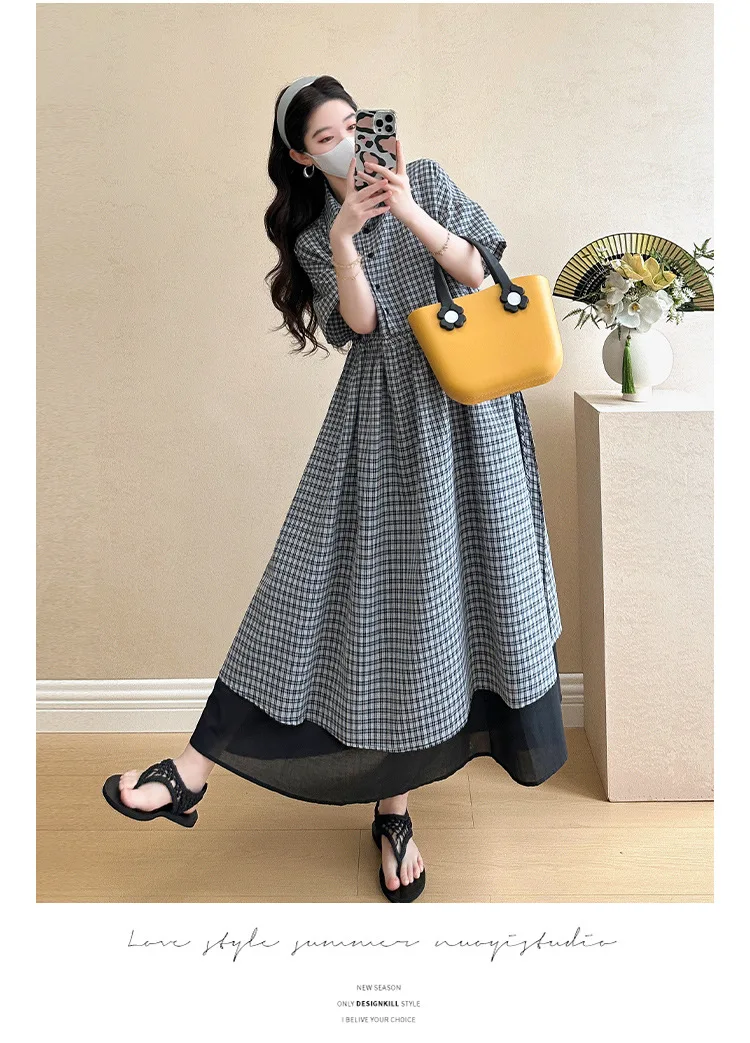 Summer Maternity Dress: Fashionable Checkered Fake Two-Piece Shirt Dress - Stylish & Comfortable Pregnancy Wear for Trendy Moms 15 Sa91cca7d5ab64312aec0eba31a8027c6j