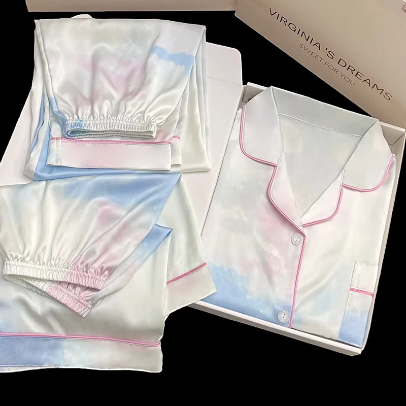 

Пижамный комплект из трех предметов, новый кардиган с коротким рукавом из вискозы синего и розового цвета, домашняя одежда для девочек, Роскошная атласная пижама