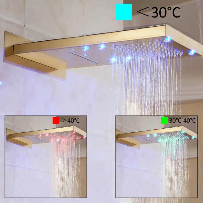 

Vidric Vidric Golden LED Wall Mounted Shower Set Faucets Rainfall Watefall Shower Head 3 Way Function Single Handle Mixer Tap Sh