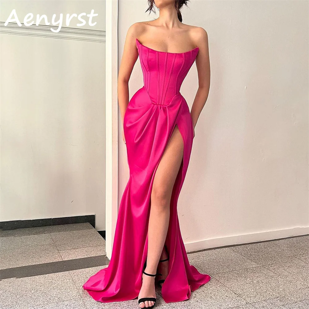 

Aenryst Simple Strapless Mermaid Satin Evening Dresses Sleeveless Side High Split Prom Dress Floor Length Party Gown Custom Made