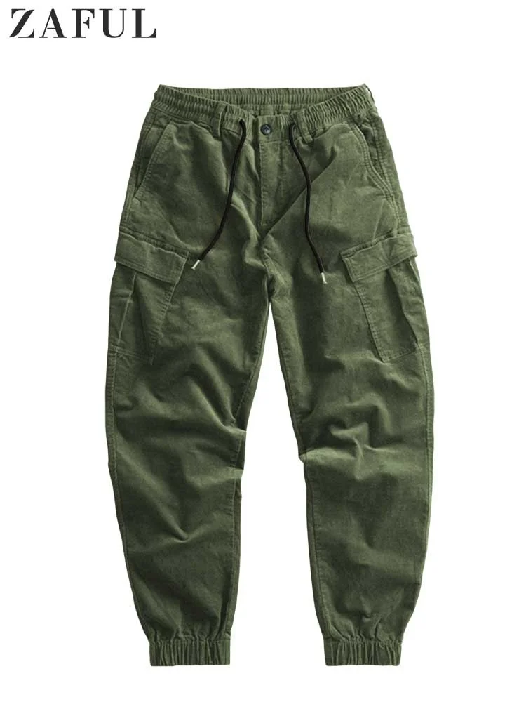 

L Cargo Pants for Men Solid Corduroy Tooling Trousers Elastic Mid-waist Streetwear Jogger Pants Beam Feet Long Pants