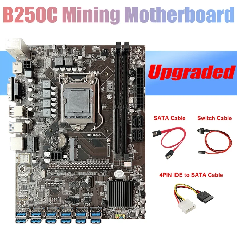 

B250C BTC Miner Motherboard+4PIN IDE To SATA Cable+Switch Cable+SATA Cable 12 USB3.0 GPU Slot LGA1151 For ETH Mining