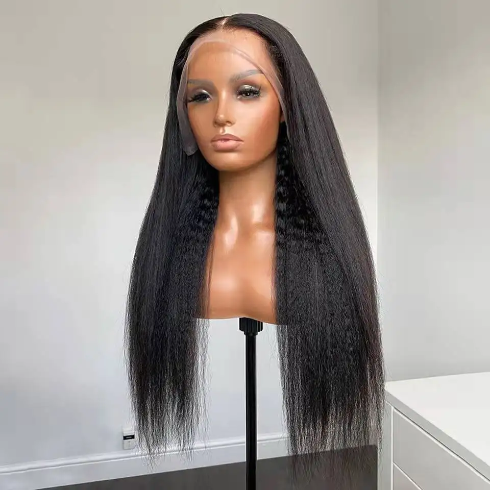 

Soft Long Glueless Yaki Natural Black 30Inch Kinky Straight Lace Front Wig For Women With Baby Hair Synthetic Preplucked Daily